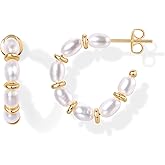 PAVOI 14K Gold-Plated Classic Pearl Hoop Earrings for Women | Freshwater Pearl Earring Pair