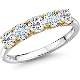 Gem Stone King 925 Silver and 10K Yellow Gold White Topaz and Sky Blue Aquamarine Wedding-Bands Ring For Women | 1.49 Cttw | Round 4MM | Gemstone November Birthstone