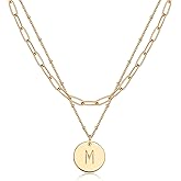Valloey Rover Initial Necklaces for Women 14K Gold Plated Dainty Letter Necklce Round Coin Disc Pendant Double Side Engraved A-Z Necklace Personalized Jewelry Gift for Women