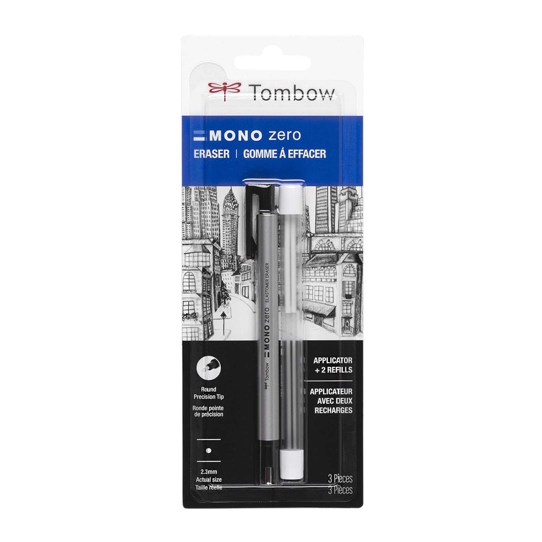 Tombow 57315 Mono Zero Round Eraser and Refill Pack 2.3mm Precision Tip Pen Style Eraser with Refill Pack 57315