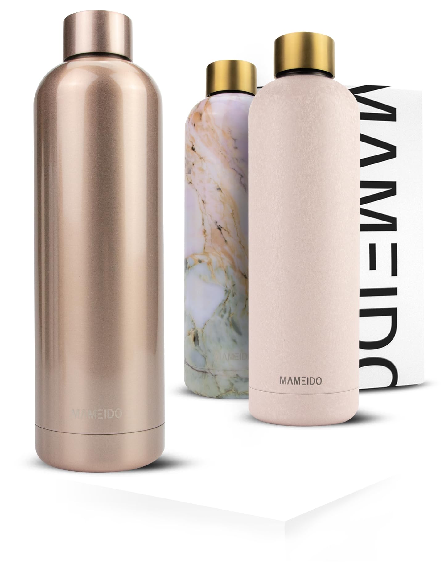 MAMEIDO Insulated Water Bottle 1l - Leak-Proof 18/8 Stainless Steel Thermo Flask (Oak Wood Gold, 1000ml)