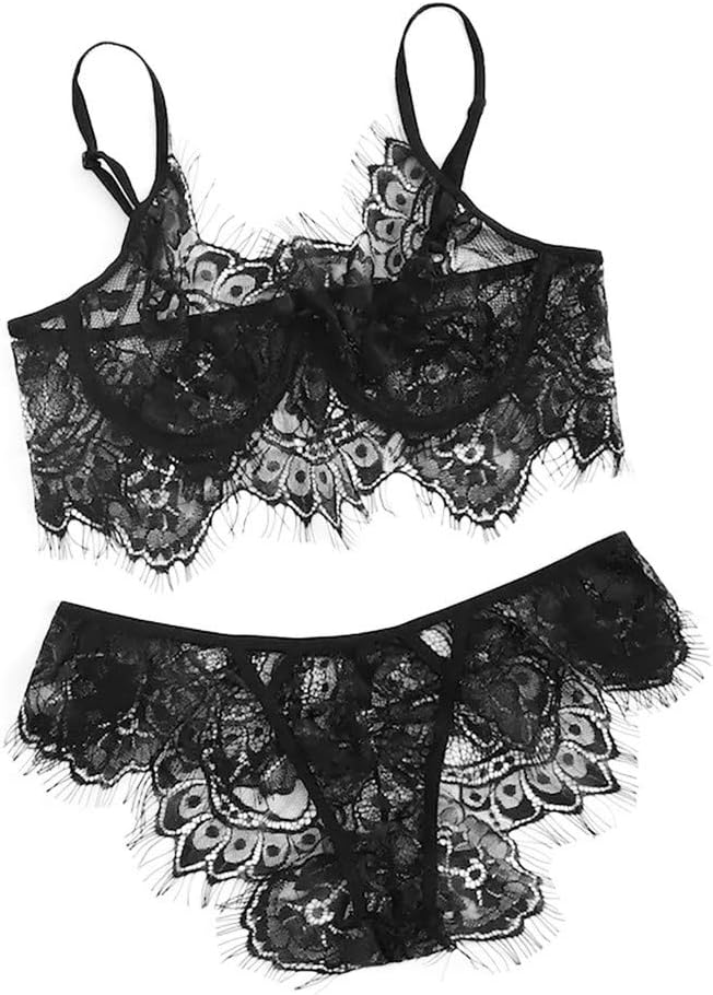 Lingerie Set, Women Floral Lace Sheer Bra and Panty Set 2 Piece Nightwear