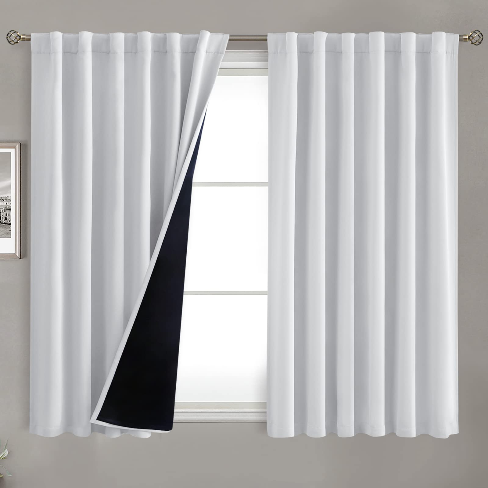 Photo 1 of BGment Greyish White 100% Blackout Curtains 54 Inches Long with Black Liner, Rod Pocket and Back Tab Double Layer Room Darkening Thermal Window Curtains for Bedroom, 2 Panels, Each 52 x 54 Inch