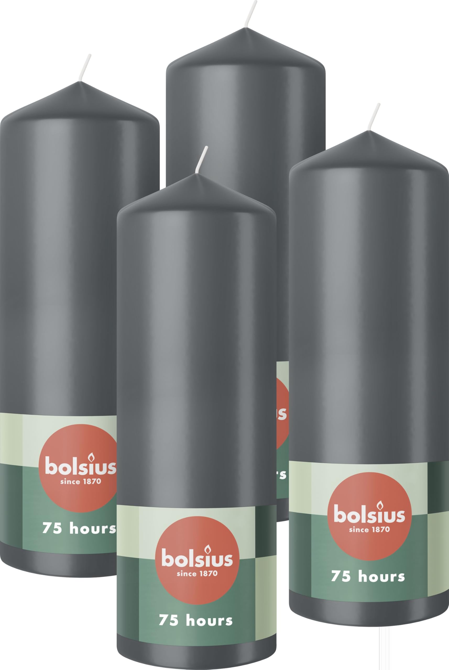 Bolsius Pillar Candles - Anthracite - 4-Pack - 20 x 7 cm - Decorative Household Candles - Long Burning Time of 75 Hours - Unscented - Includes Natural Vegan Wax - Without Palm Oil
