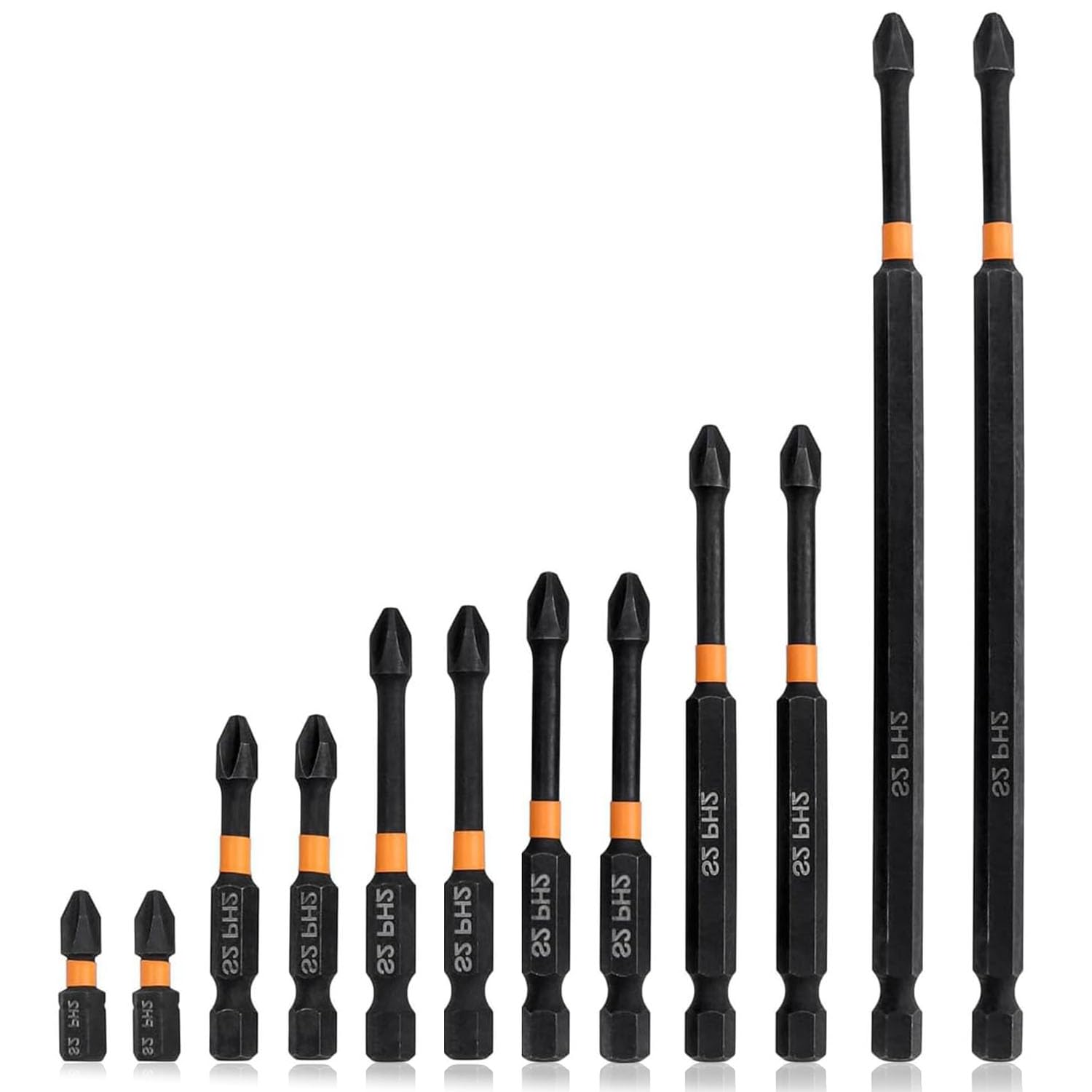 Bestgle 12Pcs Phillips Screwdriver Bit Set, Professional Cross Head PH2 Magnetic Impact Driver Bits, Length 25mm-150mm, 1/4" Hex Shank