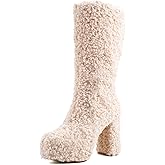 JilTrdWei Mid Calf Furry Boots for Women, Fluffy Platform Boots with Chunky High Heel, Warm Faux Fur Winter Fashion Boots with Side Zipper, Statement Teddy Boots for Fall Winter Festivals