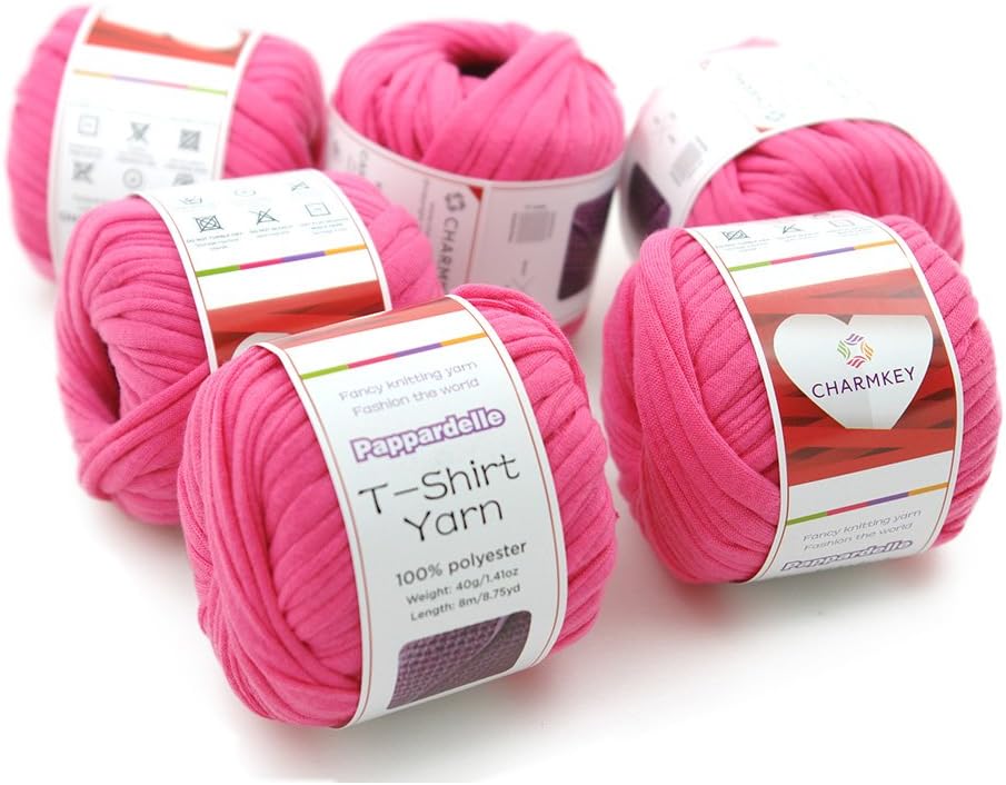 Charmkey Pappardelle T Shirt Yarn Soft 100% Polyester Fabric 7 Jumbo Fashion Knitting Cloth Tape for Crocheting Bags Bowls DIY Handicraft, Pack of 6 Skeins, 1.41 Ounce×6 (Fandango Pink)