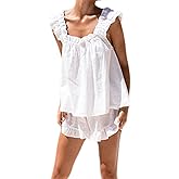 ROAONOCOMO Women Summer Floral Pajama Set Ruffle Trim Cami Top Coquette Pj Set Gingham Babydoll 2 Piece Shorts Outfit