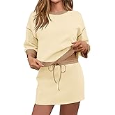Tankaneo Womens Skirt Set 2 Piece Outfits Casual Sweatshirt Skort Set 3/4 Sleeve Color Block Matching Lounge Sets