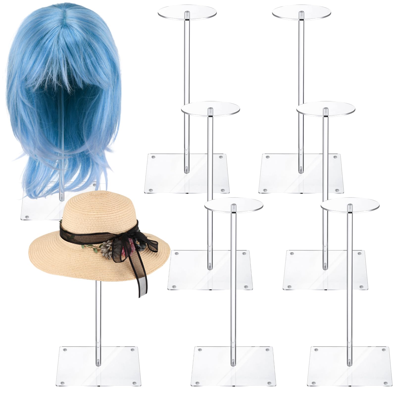Photo 1 of Leinuosen 8 Pcs Clear Acrylic Hat Stand 12" Hat Stands for Display Nonslip Stable Square Barbell Pedestal Wig Display Rack Cowboy Hat Holder Hat Storage for Multiple Hats Wig Styling Practice