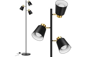 QiMH Tree Floor Lamps for Living Room, 67" Modern Standing Floor Lamp with 3 LED Bulb, Industrial Tall Lamp Reading Lighting for Bedroom Study Office Decor, 3 Rotatable Light Heads, Black Gold