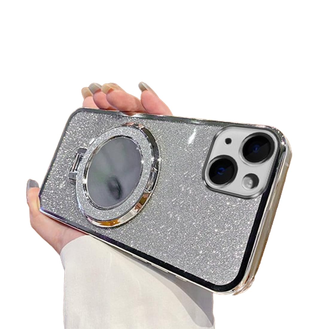 IMEIKONST Glitter Case Compatible with iPhone 15 for Women Girls, Sparkle Makeup Mirror Ring Kickstand Camera Lens Protector Slim Fit TPU Bumper Cover for iPhone 15. Silver DSJ