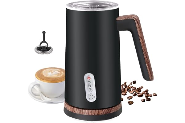 Electric Milk Frother and Steamer, 4-in-1 Milk Steamer with Wood Elements Design, Automatic Hot & Cold Foam Maker for Latte,