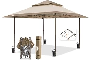 EAGLE PEAK 13x13 Straight Leg Pop Up Canopy Tent Instant Outdoor Canopy Easy Single Person Set up Folding Shelter w/Auto Extending Eaves 169 Square Feet of Shade (Beige)