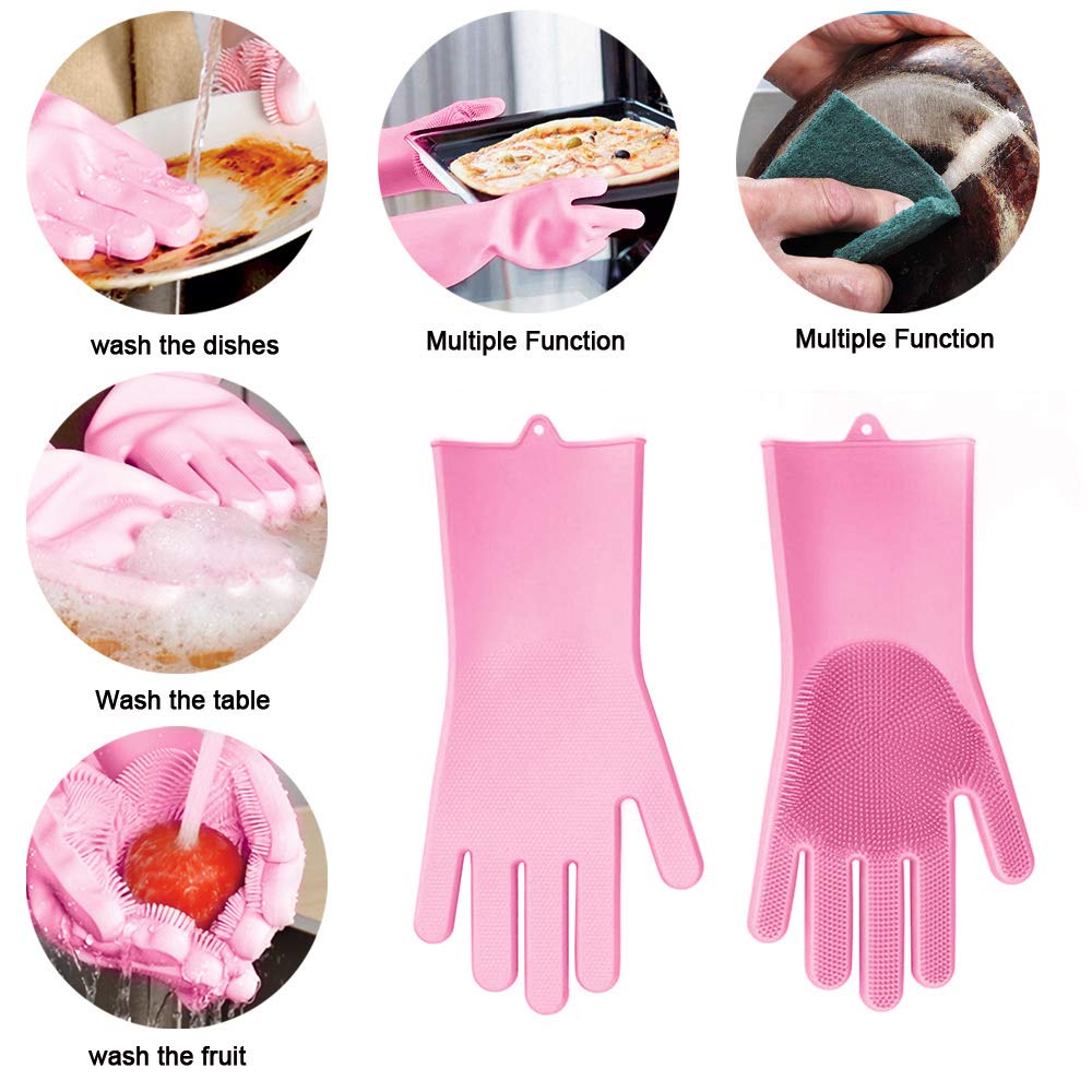 2Pcs Magic Silicone Gloves with Wash Scrubber Reusable Silicone Glove Brush Pair Heat Resistant For Cleaning Washing Dishes Cooking Grilling Car Wash and Pet Care Pink