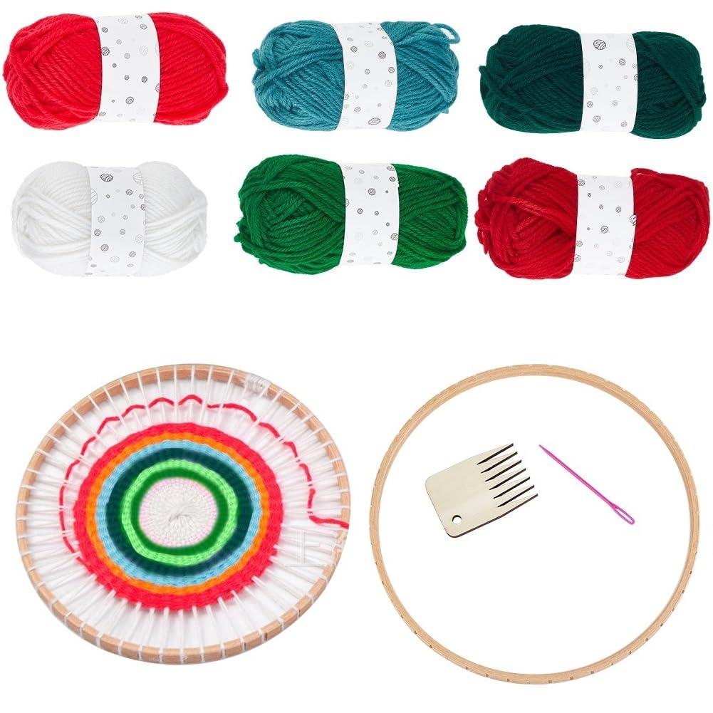 SUNNYCLUE Christmas Weaving Loom Kit Loom Knitting Kit Xmas Red Green Complete Beginner Starter Step-By-Step Video Tutorial Learn Wood Loom Frame Comb Crochet Needle Kits for Beginners Diy Weaving Art