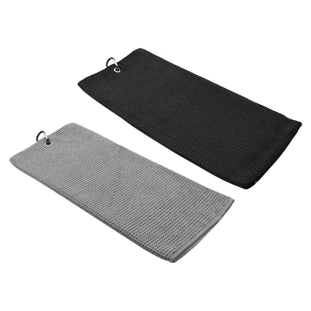Tiardey 2pcs Golf Towels for Golf Bags with Clip Microfiber Waffle Pattern Golf Towel for Men Women (black+gray)