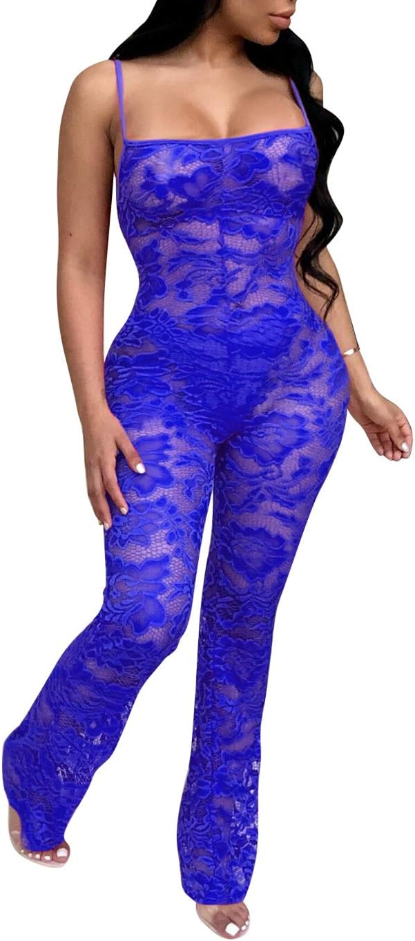 Chemenwin Women's Sexy Sleeveless Spaghetti Strap Floral Lace Long Pants Bodycon Clubwear Jumpsuit Rompers