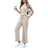 FULFIDREAM 2 Piece Sets for Women Summer Outfits Lounge Sets Mock Neck Tops Wide Leg Crop Pants Vacation Travel Outfits
