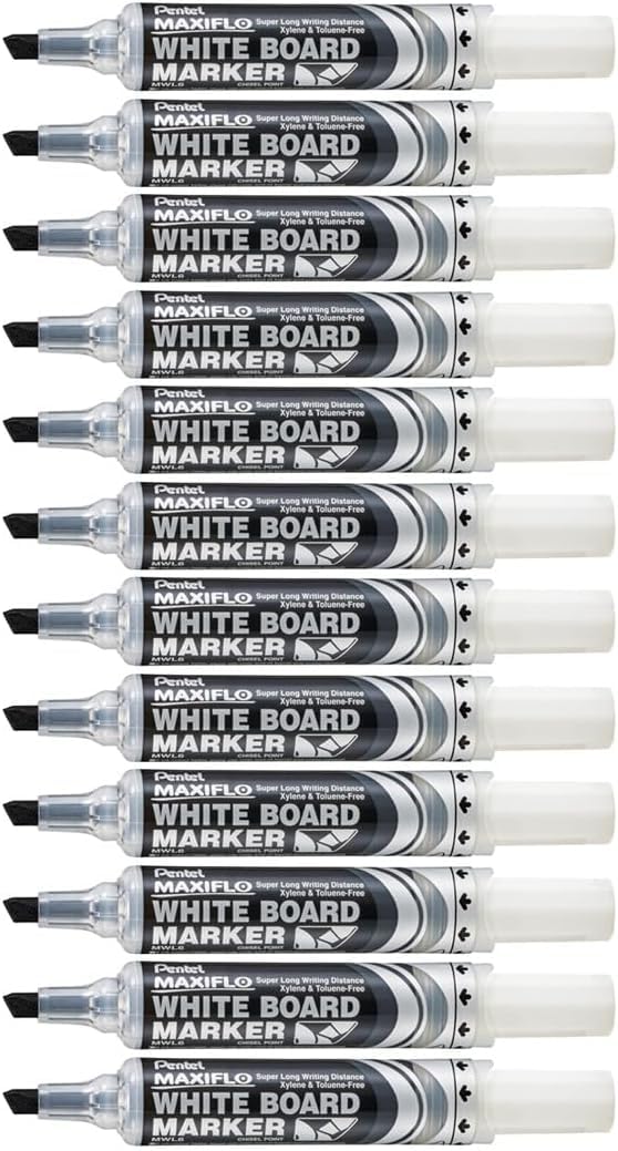 Pentel Maxiflo Dry Wipe Chisel Tip Marker - Black (Pack of 12), MWL6-AO