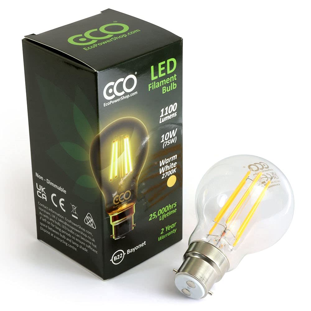 ECO 75W Energy Saving Light Bulb, Low Energy 10W LED Filaments, Bright 1100 Lumen, Clear Glass, Warm White (2700K), B22 Standard UK 2 pin Bayonet, 25000Hrs Lifetime. (1xPACK)