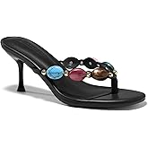 Coutgo Womens Jeweled Heeled Sandals Kitten Heel Starppy Flip Flop Backless Open Toe Slides Boho Summer Vacation Beach Shoes