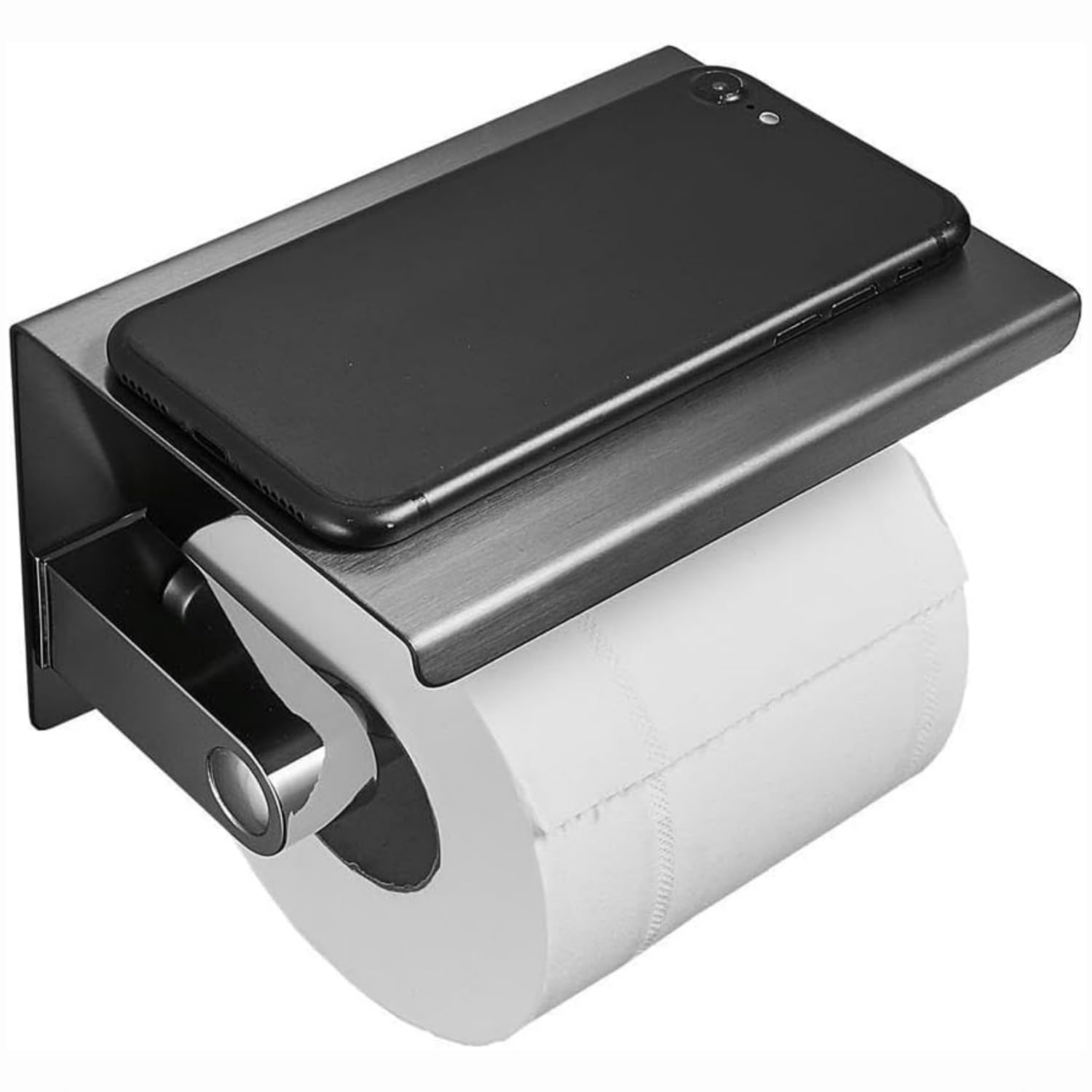 Single Roll Toilet Paper Holder with Phone Shelf, Wall Mounted Stainless Steel Tissue Dispenser for Bathroom (Black)