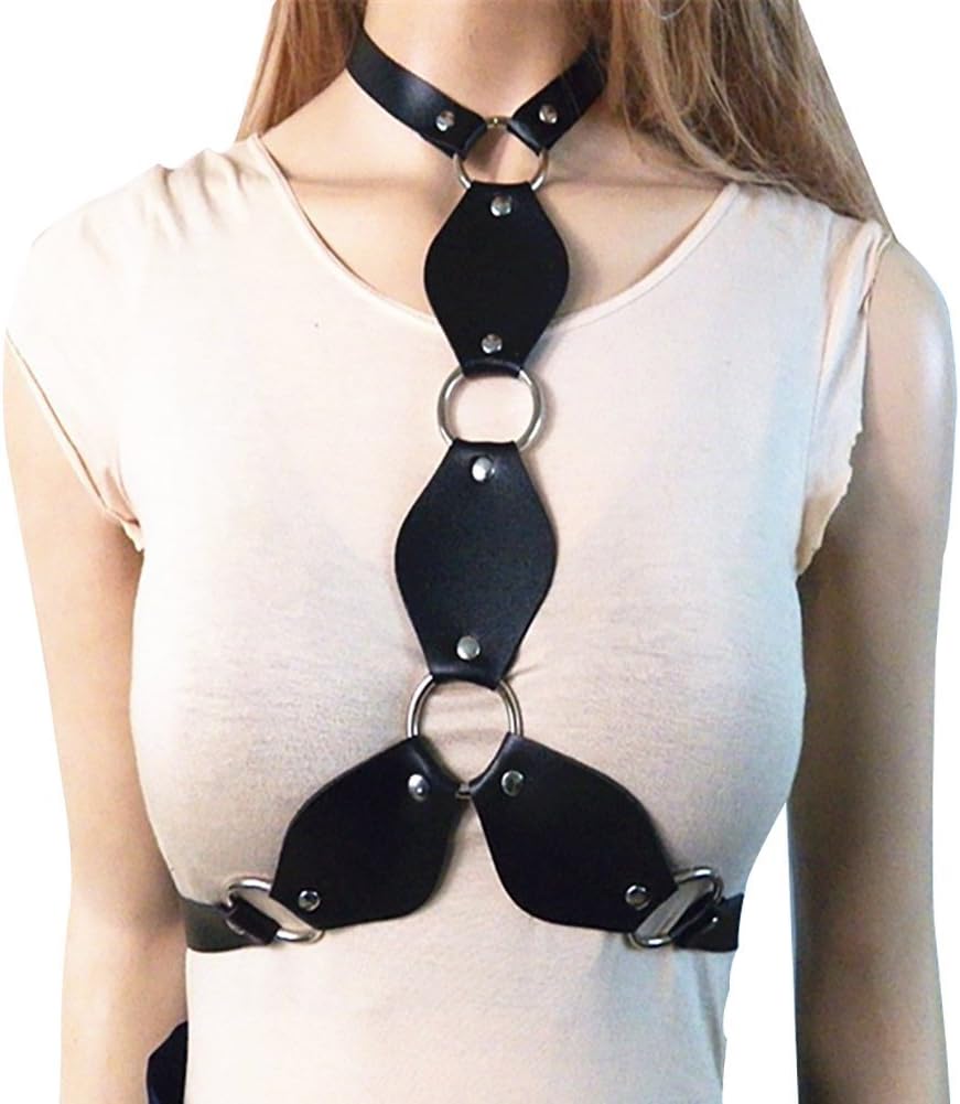 Women's Punk Waist Belt Body Chain Faux Leather Harness Adjustable with Buckles and O-Rings(LB-38Black)