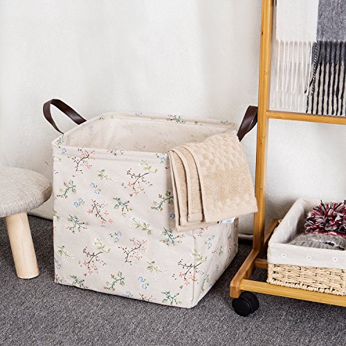 100% Cotton Canvas Storage Basket, Household Storage Organizer Bin with PU Handle, Baby Toys Storage Bins, Shelf Storage Cubes for Living Room Cabinet,Inner Waterproof - Thumbnail 2