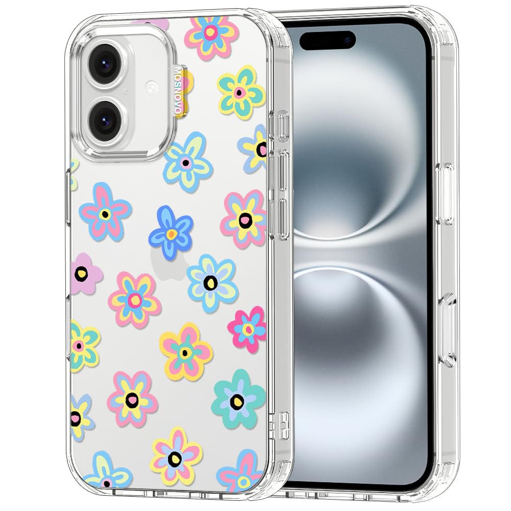 MOSNOVO Case for iPhone 16 Plus, [Buffertech 6.6ft Military-Grade Drop Protection] [Anti Peel Off Tech] Clear TPU Bumper Phone Case Cover Design - Groovy Flower