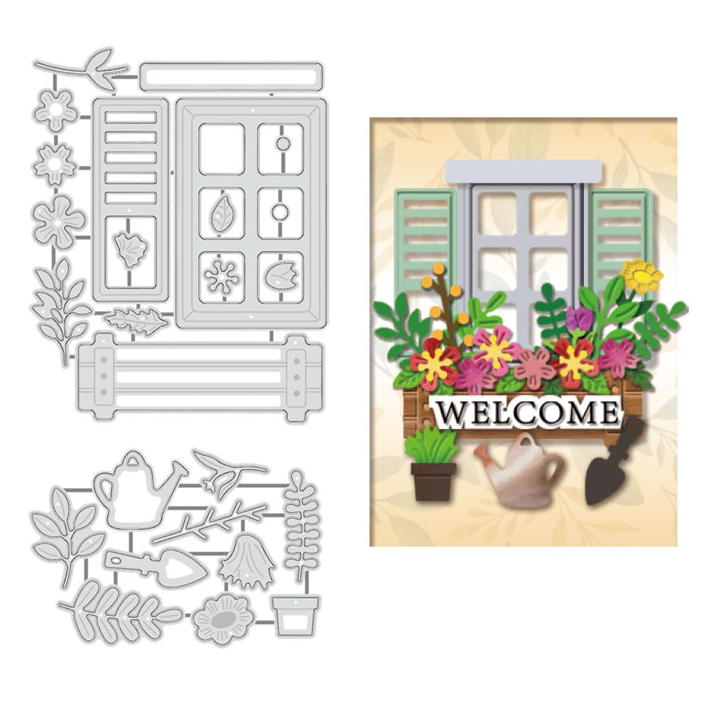 BENECREAT 2pcs Windowsill Garden Cutting Dies, Window Flower Beds Plants Stencils Decorative Embossing Stencils for Scrapbooking, Photo Album, Greeting Card Making, 0.8mm Thick