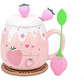 Pink Mug, Cute Strawberry Mugs with Lid Strainer Spoon, Gifts for Women, Ceramic Coffee Mugs, 15oz Kawaii Tea Cup for Milk hot chocolate for Girls Student Korean Style Christmas Birthday Gift
