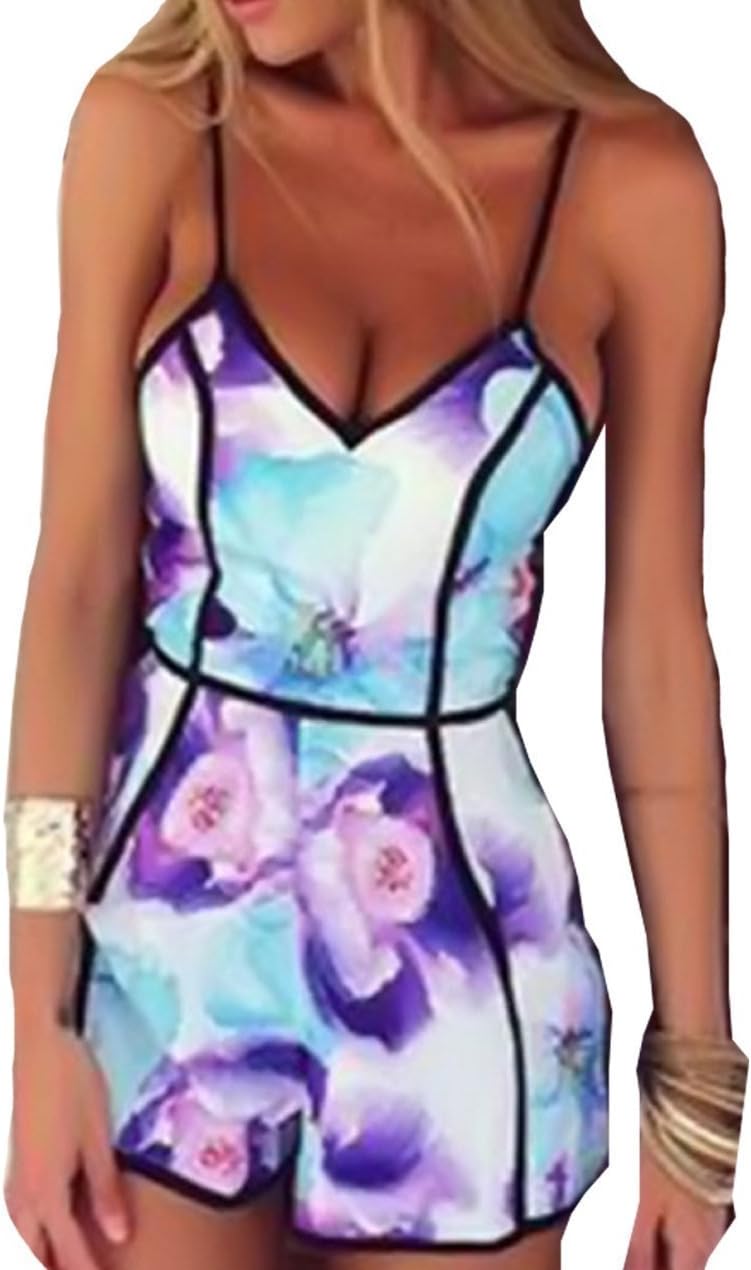 Shensee Simple Cool Sexy Women V-Neck Floral Casual Playsuit Rompers Trousers