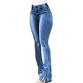 Leyoutx Women's Butt Lifting Tummy Control Fitting Jeans High Waist Stretchy Denim Distressed Ripped Flare Bell Bottom Pants