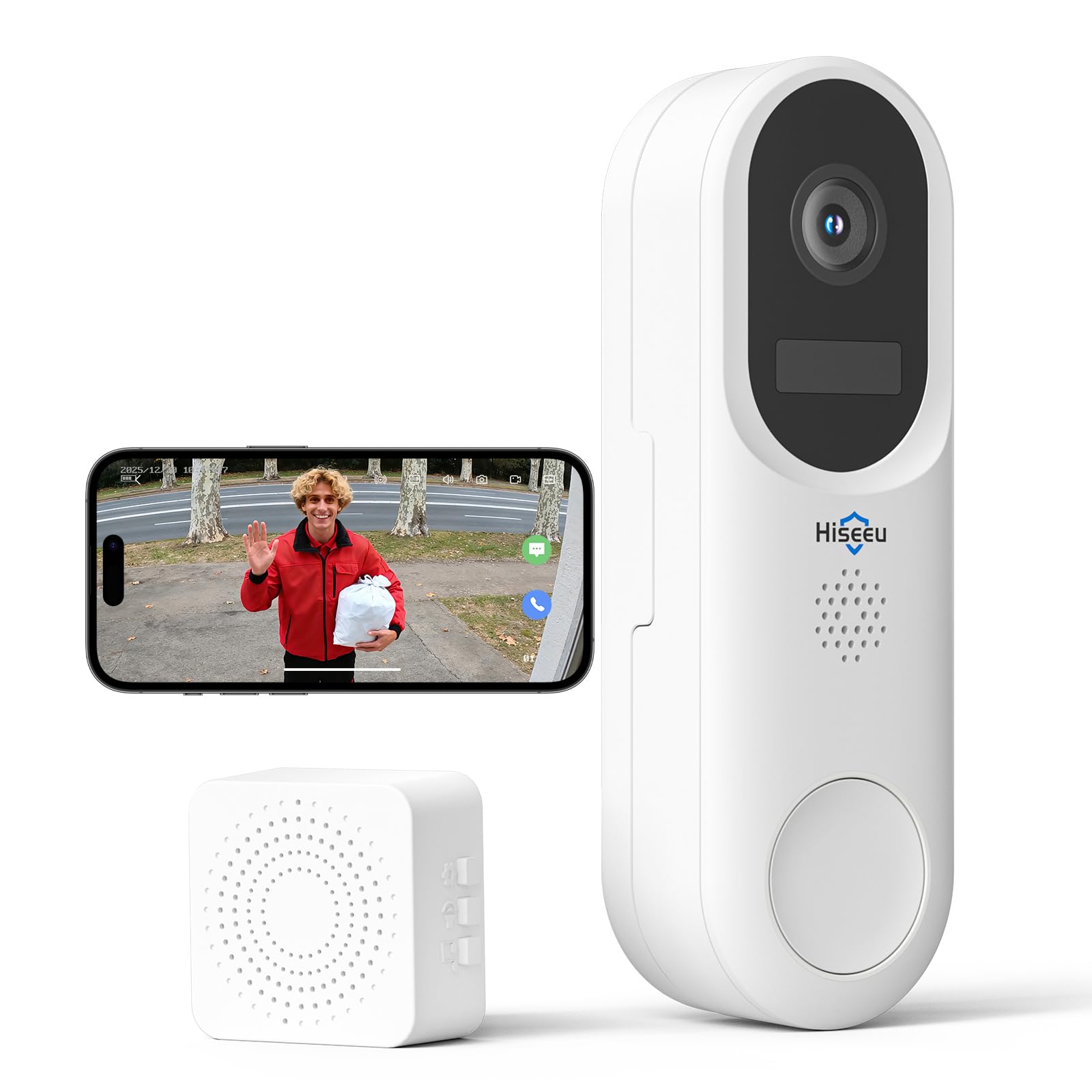 Hiseeu 2K HD Wireless Video Doorbell Camera, Real-time View, Two-way Audio,150° Wide View,Smart Human Detection, Night Vision, IP65 Waterproof, 2.4G & 5GHz WiFi, Works with Alexa [Paid Cloud Storage]
