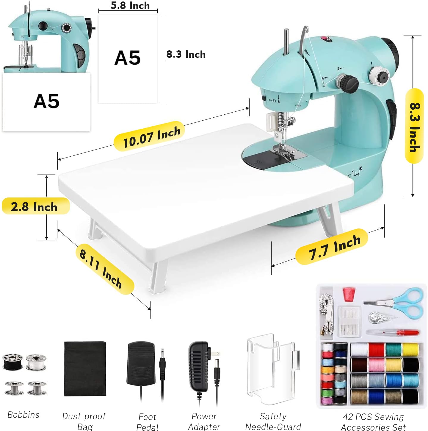 Magicfly Mini Sewing Machine with Extension Table, Dual Speed Portable Sewing Machine for Beginners with Light, Sewing Kit for Household Use, Blue