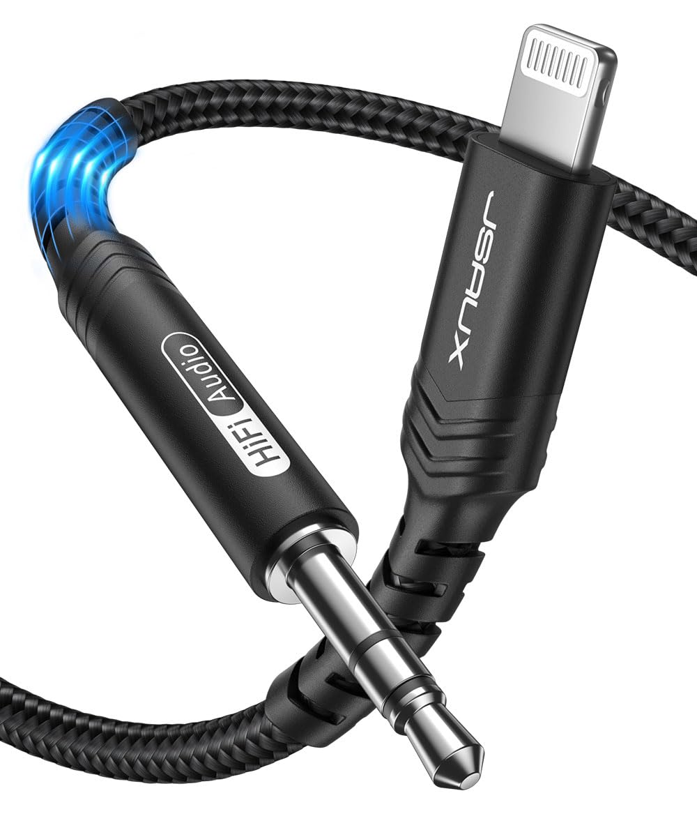 JSAUX Aux Cable 1.8M [Apple Mfi Certified] Aux to Lightning Audio Cable Nylon Braided Lightning to 3.5mm Headphone Jack Cable Compatible with iPhone 12/12 Mini/12 Pro/11/X/XR/8/7 -Black