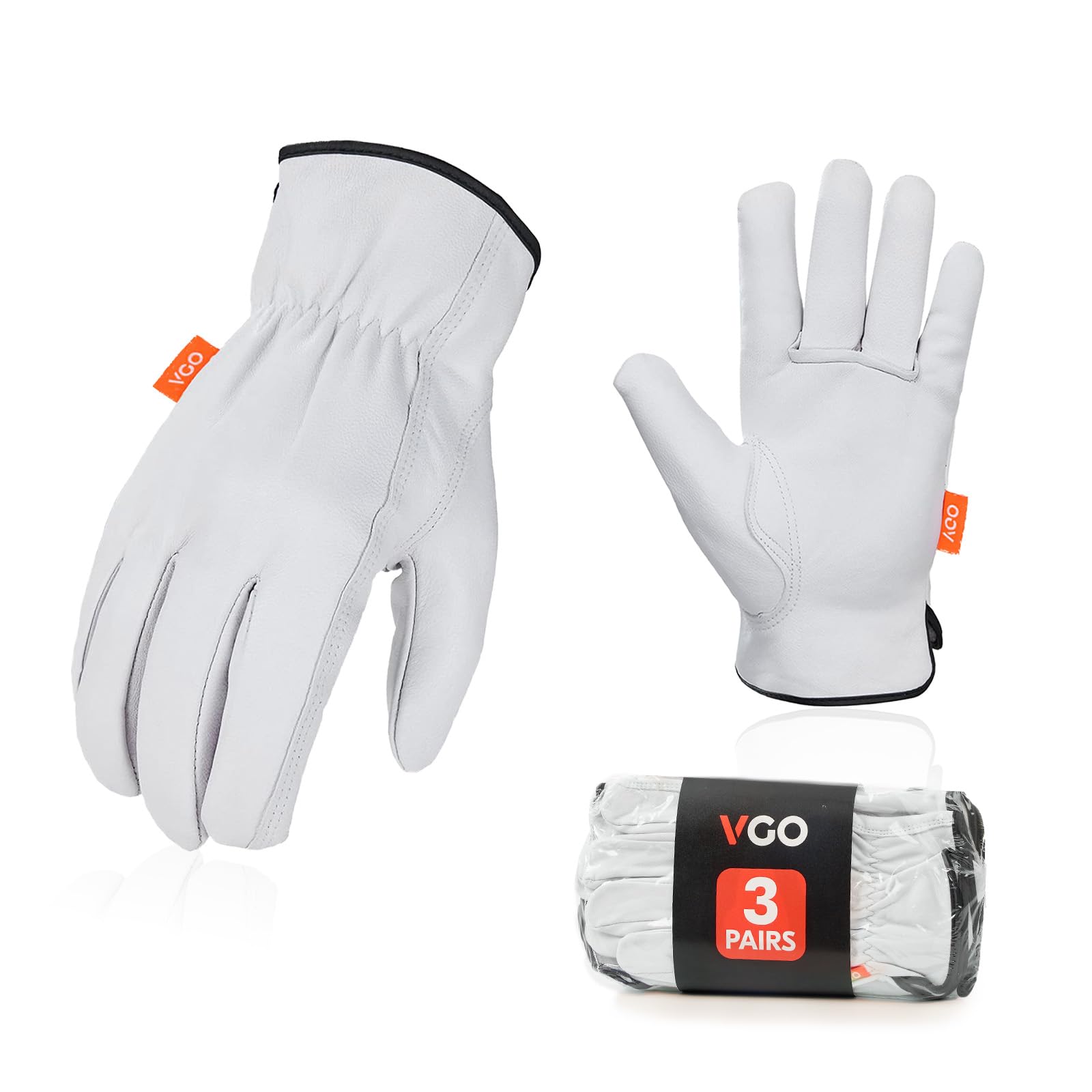 Vgo... 3Pairs Unlined Safety Goatskin Leather Work Gloves Men,Rigger Gloves,Builder Gloves(GA9501) (Medium, White-3Pairs(Goat))