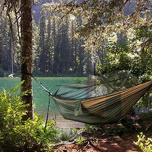 Camping Hammock with Mosquito Net, Lightweight Nylon Double Hammock, Portable Parachute Hammock for Backpacking, Travel, Beach, Backyard, Hiking - 2 Carabiners and Tree Straps(Green,78''W x 118''L)