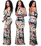 Bodycon Maxi Dress for Women Vintage Ruffle Plain Off Shoulder Floral Print 2XL