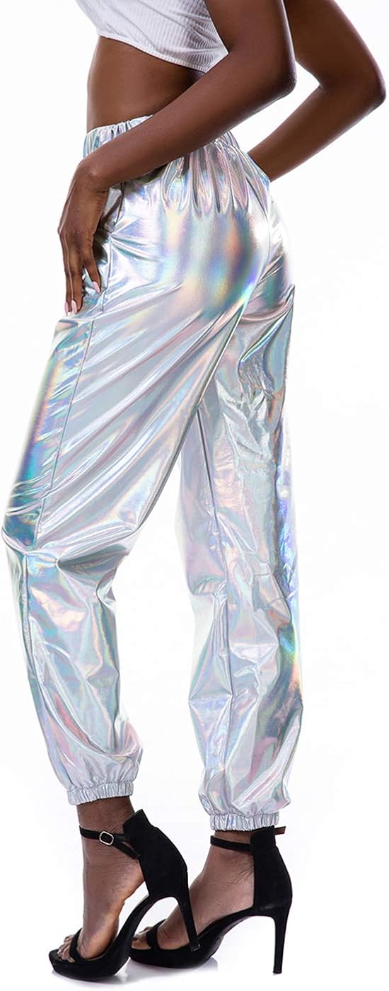 SIAEAMRG Womens Shiny Metallic High Waist Stretchy Jogger Pants, Wet Look Hip Hop Club Wear Holographic Trousers Sweatpant at  Women’s Clothing store
