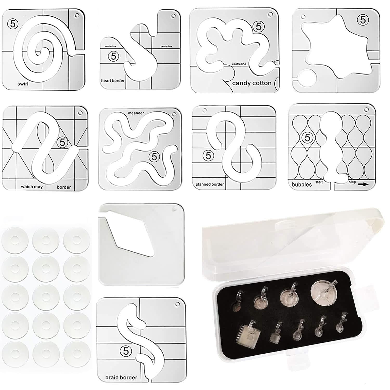 10pcs Free Motion Quilting Template Series 5+9pcs Low Shank Quilting Ruler Foot Set+1pack Non-Slip Ruler Grips, 30pcs/Pkg