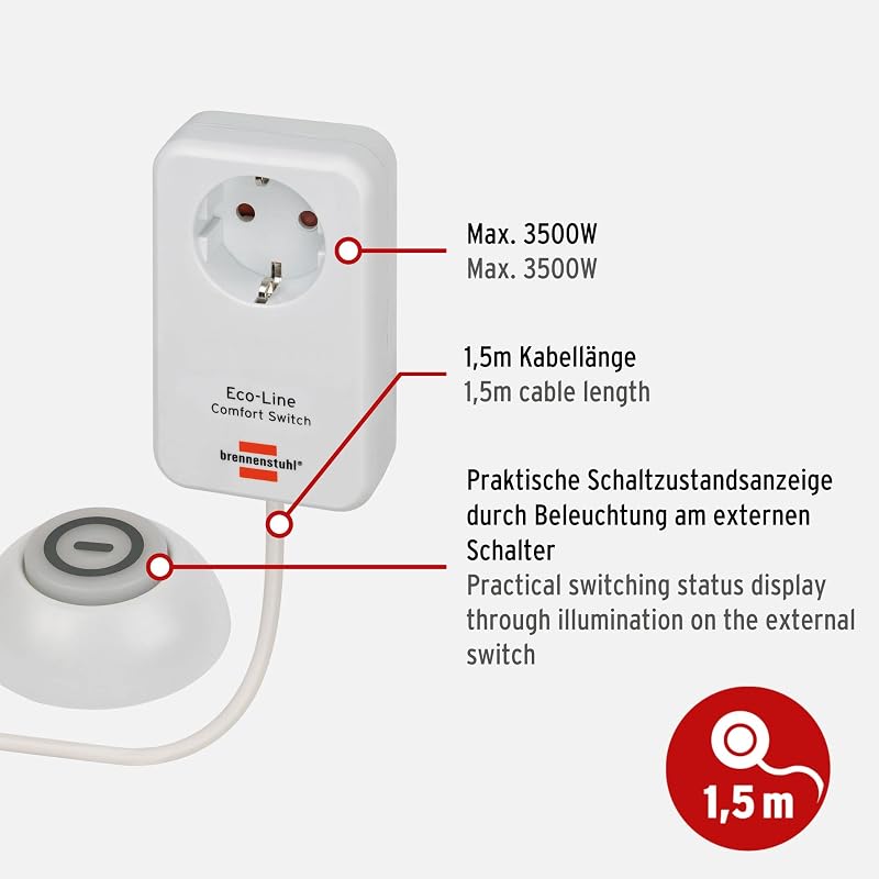 Eco Line Comfort Switch Adapter EL CSA 1 (Toma de Corriente con Interruptor de Mano/pie Iluminado, con protección táctil Mejorada, Cable de 1,5 m)