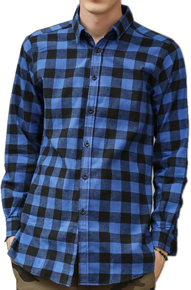 Kalanman Men's Hipster Hip-hop Side Zipper Long Sleeve Button Down Cotton Plaid Shirts