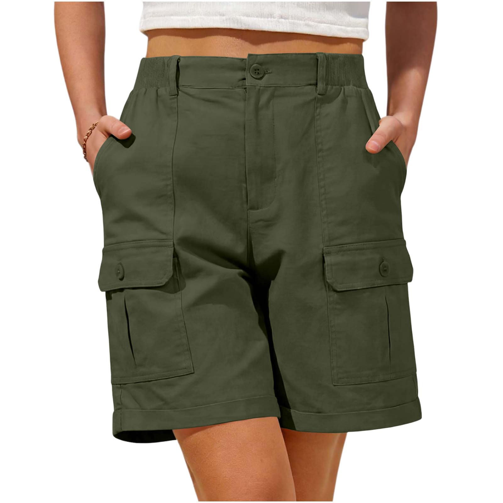 Women's Shorts Cargo Shorts for Women UK Stretch Summer Pants Elastic Waist Tracksuits Bottoms Combat Bermuda Short Pants Baggy Hiking Walking Running Trousers with 4 Pockets Plus Size Y2K Army Green
