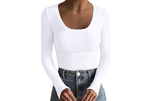 Basicspace Women's Scoop Neck Long Sleeve Stretch Slim Fitted Casual Shirts Ribbed Basic T Shirts
