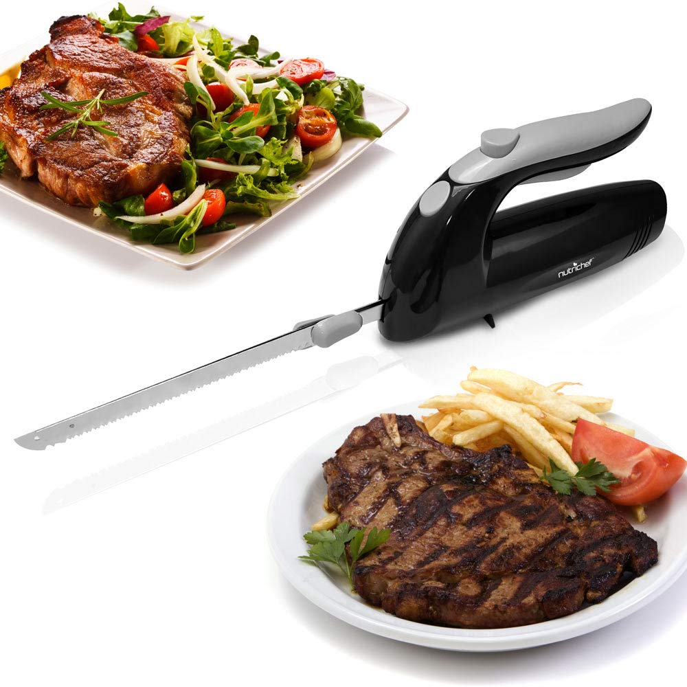 Upgraded NutriChef 8.9" Electric Knife, Serrated Blades, Lightweight, Ergonomic Design For Easy Grip, Stainless Steel, Easy Blade Removal, Carving Knife Great For Thanksgiving, Meat & Cheese, Black