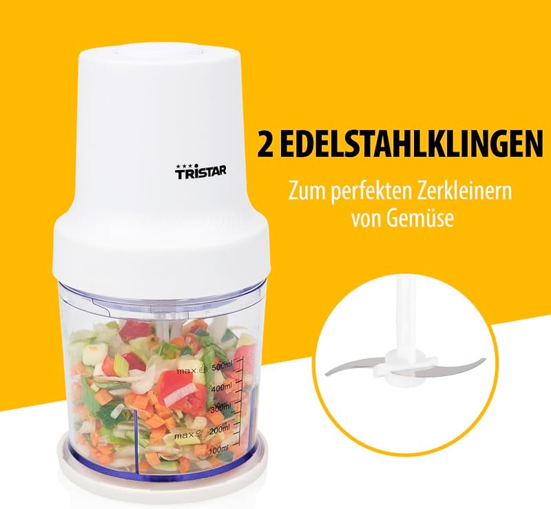 Edelstahl-Zerkleinerer, 400W Motor, 2 Geschwindigkeiten mit Turbo, 2 Edelstahlklingen, 0.5L Schüssel, Kompaktes Design, Spülmaschinengeeignet, Leicht zu Reinigen, BL-4023