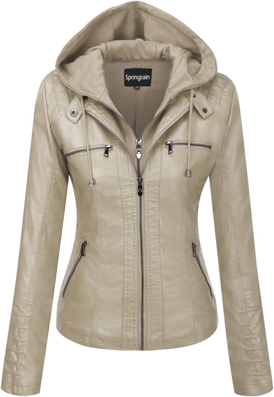 Springrain Women's Casual Stand Collar Detachable Hood PU Leather Jacket