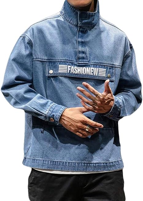 Amazon Beibang バイバン デニム パーカー メンズ ゆったり トレーナー タートルネック ファッション プルオーバー トップス ストリート 韓国ファッション アウター 16ブルー トレーナー パーカー 通販
